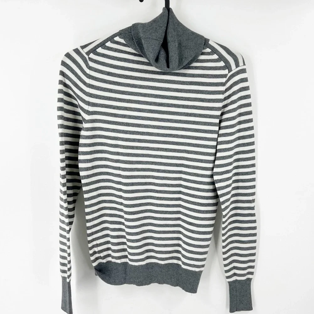 ✅ Banana Republic Turtleneck XS Silk Cashmere Wool Blend GREY Stripe Long Sleeve